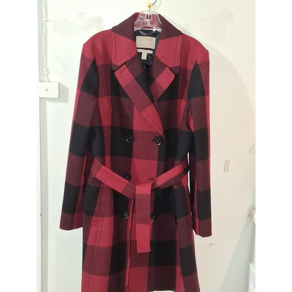 Banana Republic Red Black Buffalo Plaid Italian Fabric Belted Trench Coat XL - Picture 1 of 11